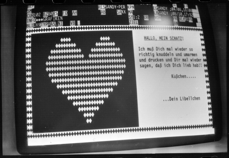 Computer-Liebe 1991: Schwarzweißbild von einem Bernstein-Monitor, bei dem auf unklem Hintergrund aus Karos ein Herz gesetzt wurde. Daneben eine sweete Liebhab-Erklärung an einen gewissen "Schatz"