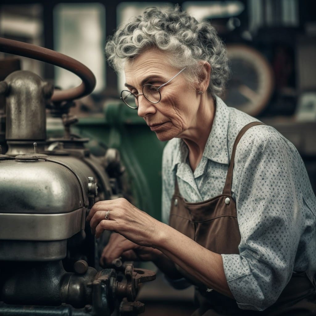 Eine alte Lady mit grauen Locken in Kleid mit Schürze arbeitet am offenen Motor eines 50er-Jahre-Fendt-Traktors. Symboldbild, erstellt mit AI.